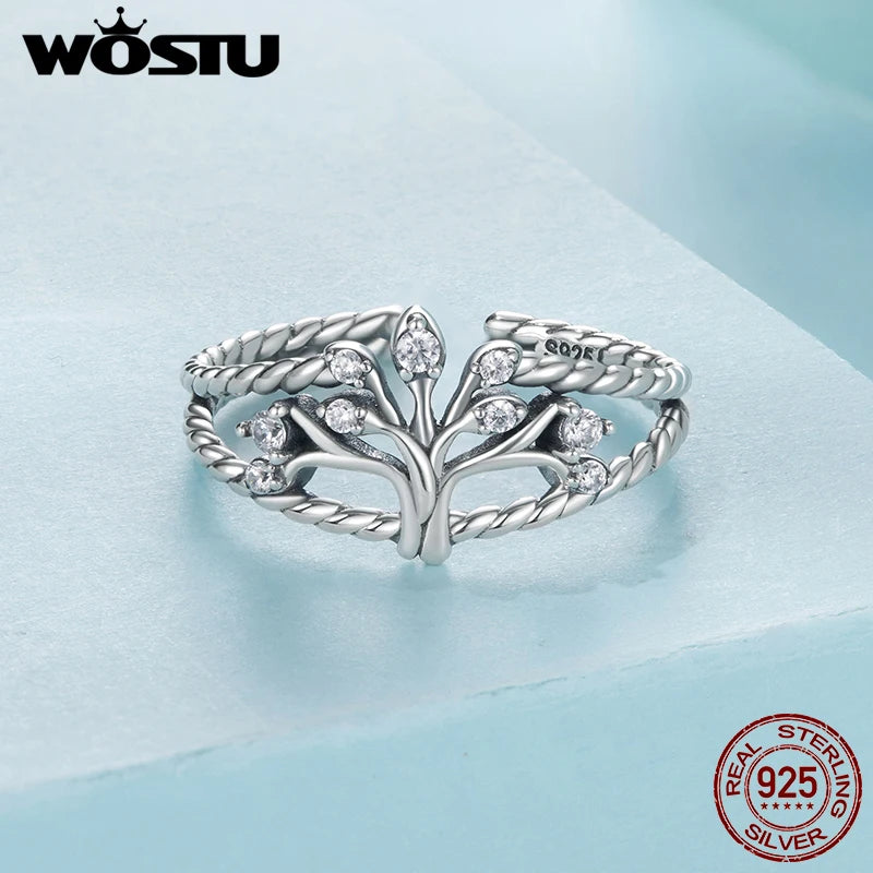 WOSTU Tree of Life Ring 925 Sterling Silver Open Adjustable Ring,  Women AAA cubic zirconia Vintage Twist Rope Rings Family Gift