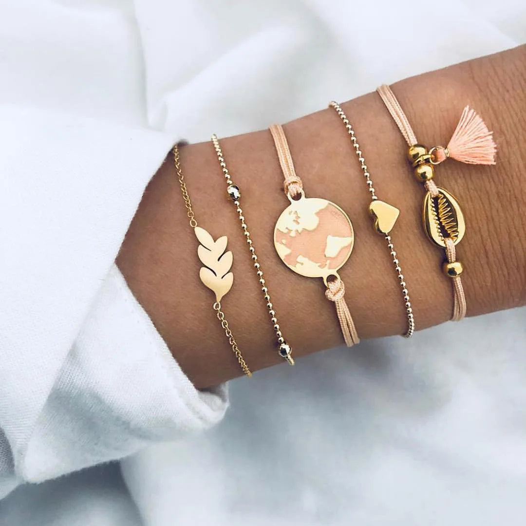 Trendy Geometric Link Chain Bracelet Set For Women Rhinestones Gold Color Leaves Heart Pendant Open Cuff Bangle Girls Jewelry - Madeinsea©