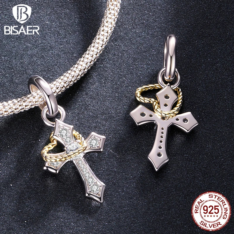 BISAER 925 Sterling Silver Cross Charms Beads Jesus Nativity Scene Pendant Faith Men Women DIY Bracelet & Necklace Fine Jewelry
