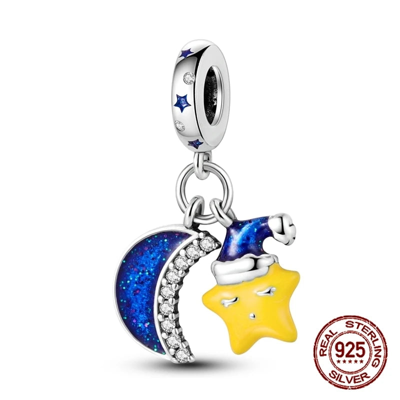 Breloque en argent sterling 925 représentant la lune, l'étoile, l'avion, l'espace, série bleue, compatible avec les bracelets Pandora originaux, bijoux à offrir