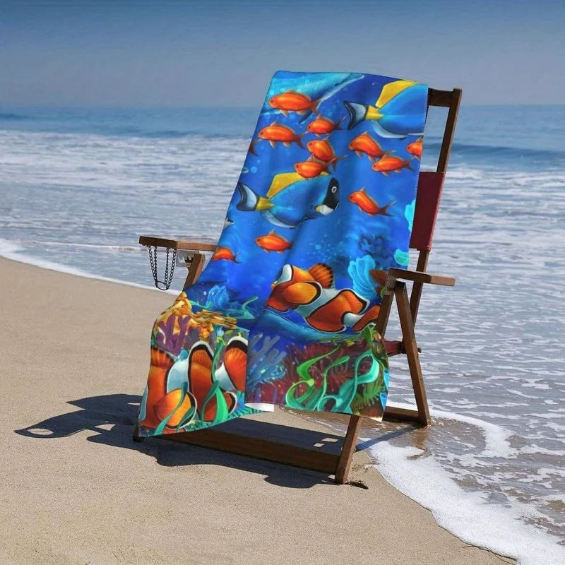 Ultra-Soft Polyester Beach Towel, 27.5x55 inch, Tropical Fish and Coral Print, Ideal for Sports, Spa, Yoga, Hotel Gym