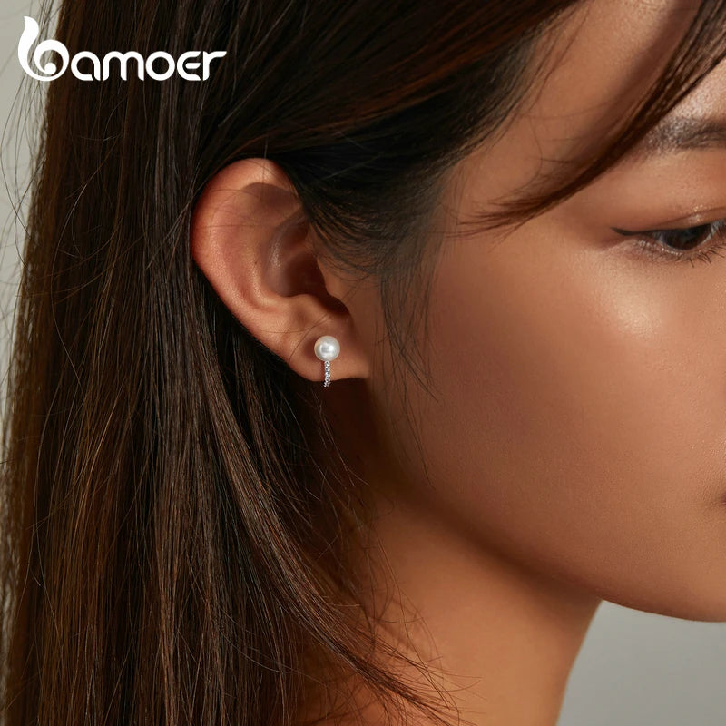 BAMOER Luxus 925 Sterling Silber Perlen Ohr Schnalle Einfache Kristall Herz Stern Stud Ohrringe für Frauen Hochzeit Schmuck Geschenk