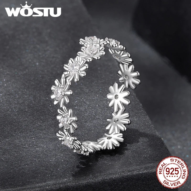 WOSTU Full Moissanite Daisy Staking Rings for Women , 925 Sterling Silver Simple flower Diamond Cut Band Rings Wedding Xmas Gift