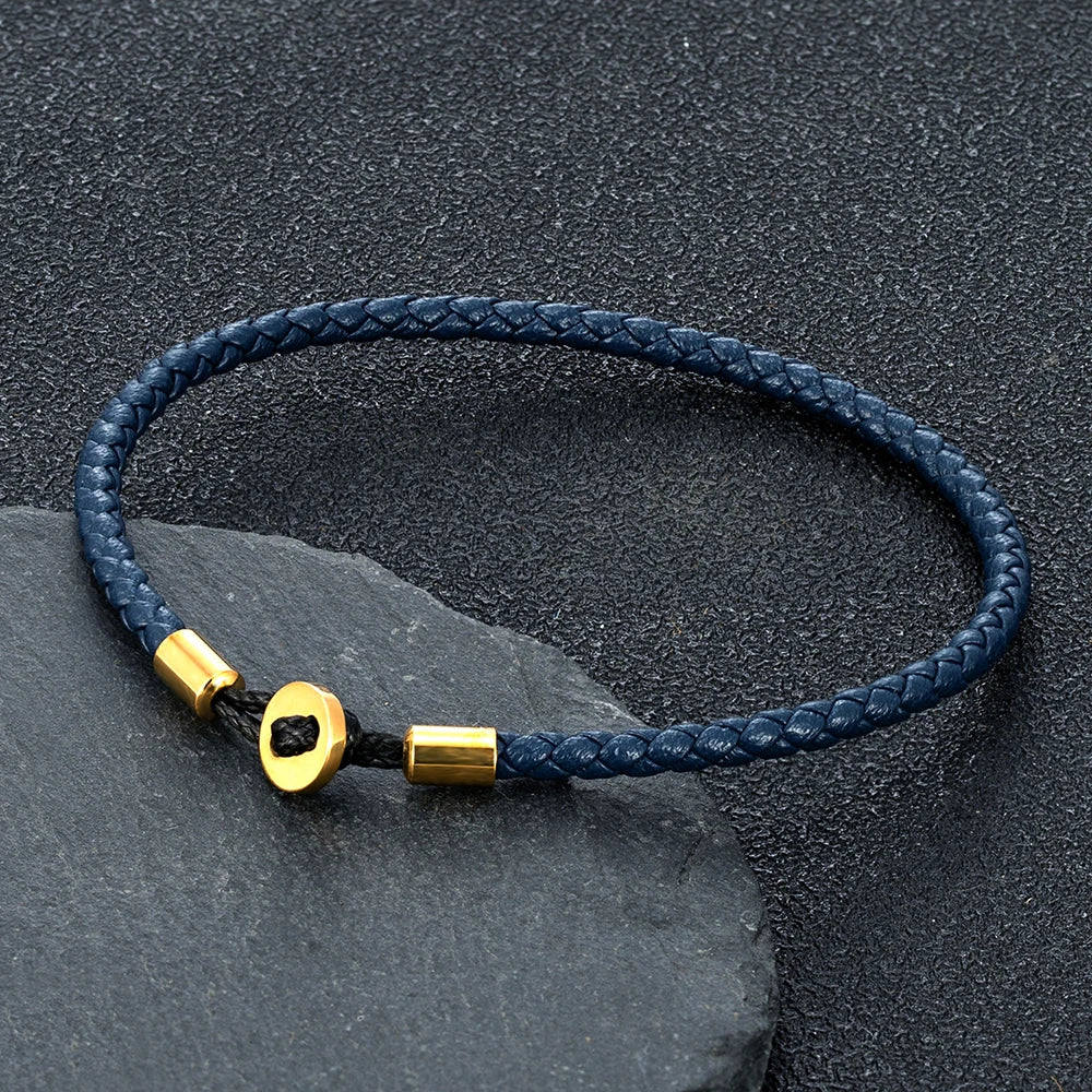 MKENDN Gold Color Stainless Steel Button Braided Leather Bracelet For Men Women Fashion Couple Jewelry Gifts