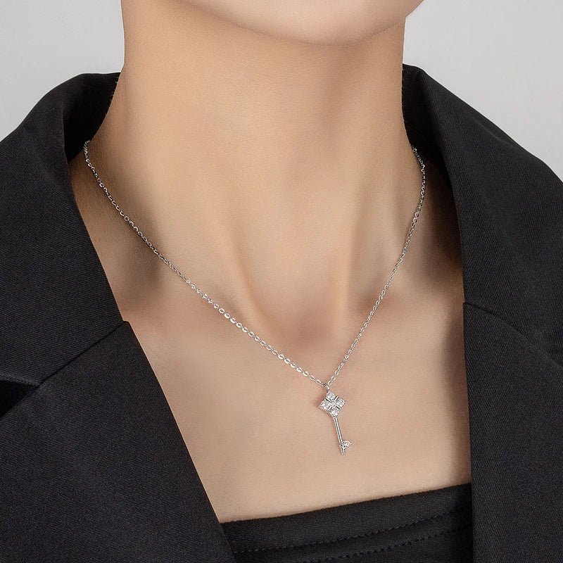PERFANY All Moissanite Necklace for Women S925 Pure Silver Laboratory Diamond Key Pendant Luxury Fashion Jewelry Party Gift - Madeinsea©