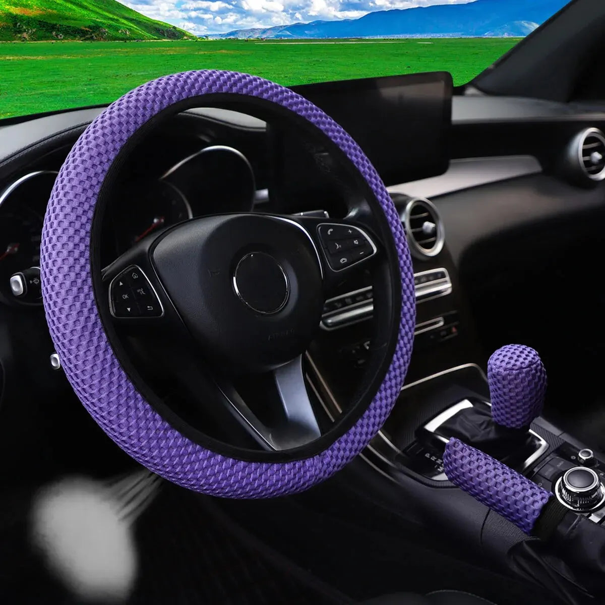 3-piece Massage Mesh Cloth Breathable Car without Inner Ring Steering Wheel Cover Handbrake Cover Handle Cover 14.5-15INCH - Madeinsea©