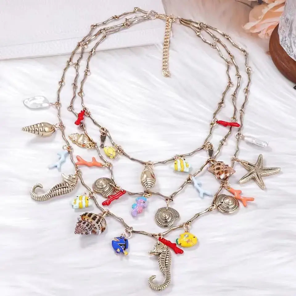 ZAA Luxury Multi-layer Woven Heart-shaped Leaf Insect Flower Pendant Necklace