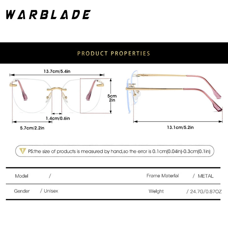 2025 Cat Eye Metal Glasses Anti Blue Light Men's Eyeglasses Frames Luxury Brands Rimless Glasses Women Optical Computer Lenses