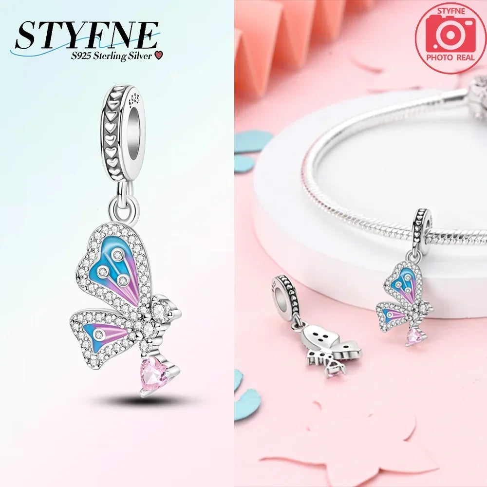 925 Sterling Silver Blue Series Butterfly Beads Pendant Fit Bangle Charms Bracelet DIY Women Original Jewelry