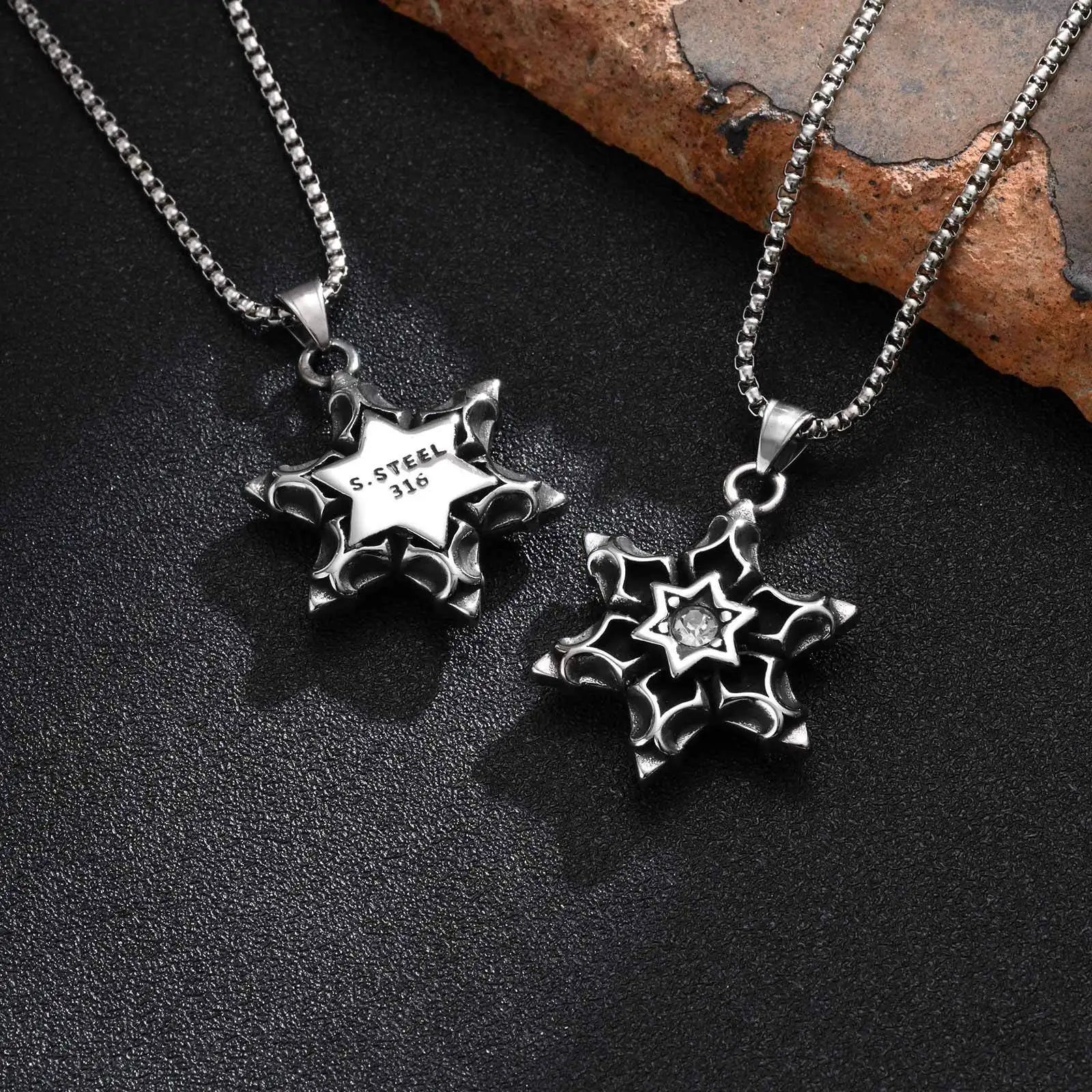 Vnox Hexagram David Star Necklace, Mens Gothic Floral Textured Pendant, Punk Thick Bold Heavy Male Accessory