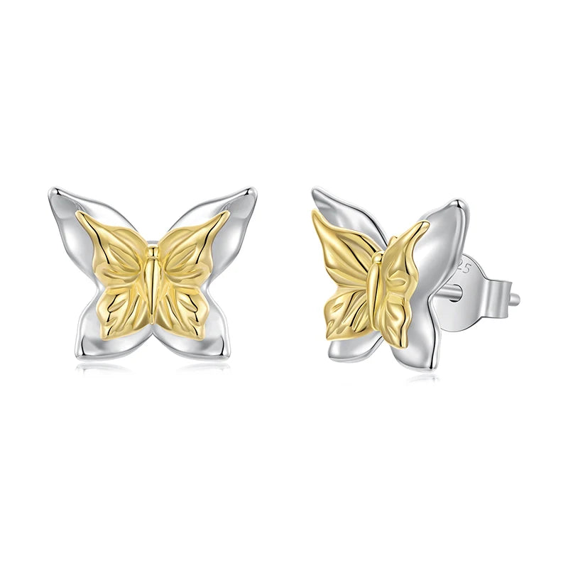 WOSTU Minimalist 925 Silver Butterfly Stud Earrings, Gold Plated Two-Tone Ear Studs Hypoallergenic Cute Gift for Women & Teens