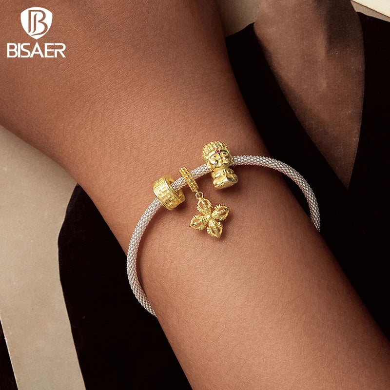 BISAER 925 Sterling Silver Lucky Koi Cat Pawprint Charm Bead Weaved Bag Pendentif Plaqué Or Fit Femmes DIY Bracelet Fine Jewelry