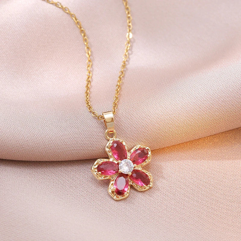 Stainless Steel Shiny Zircon Red Strawberry Pendant Necklace For Women Girls Romantic Flower Planet Tulip Choker Luxury Jewelry