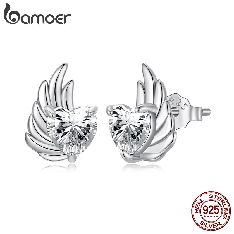 BAMOER 925 Sterling Silver Angel Wing Earrings, White Gold Plated Hypoallergenic Heart Earrings Y2K Jewelry Gift SCE1881