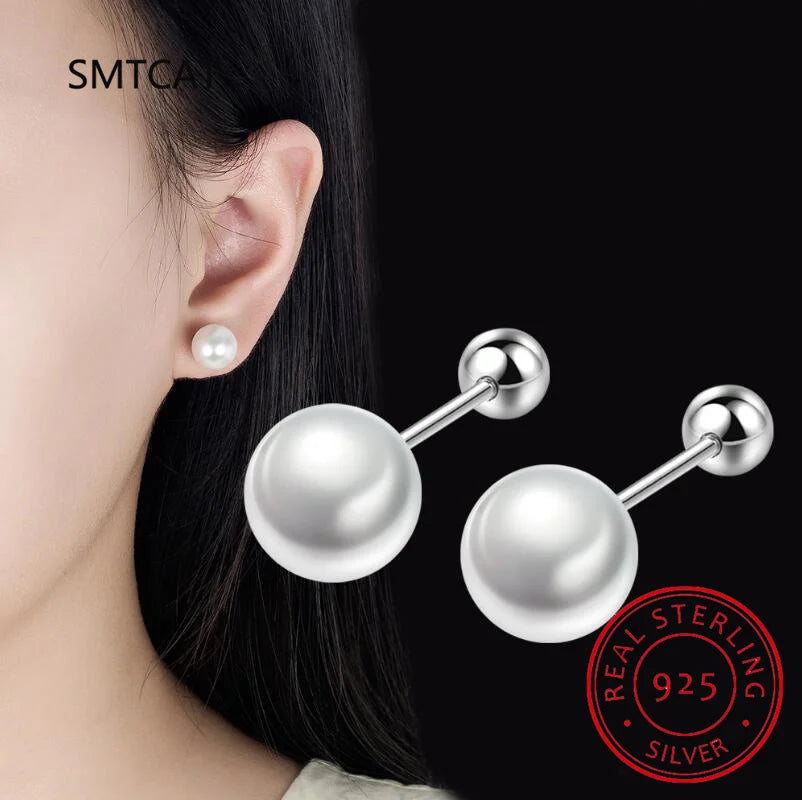 Real 925 Sterling Silver Round 6/8/10/12MM Pearl Screw Bead Stud Earrings For Women Cute Fine Jewelry Minimalist Accessories
