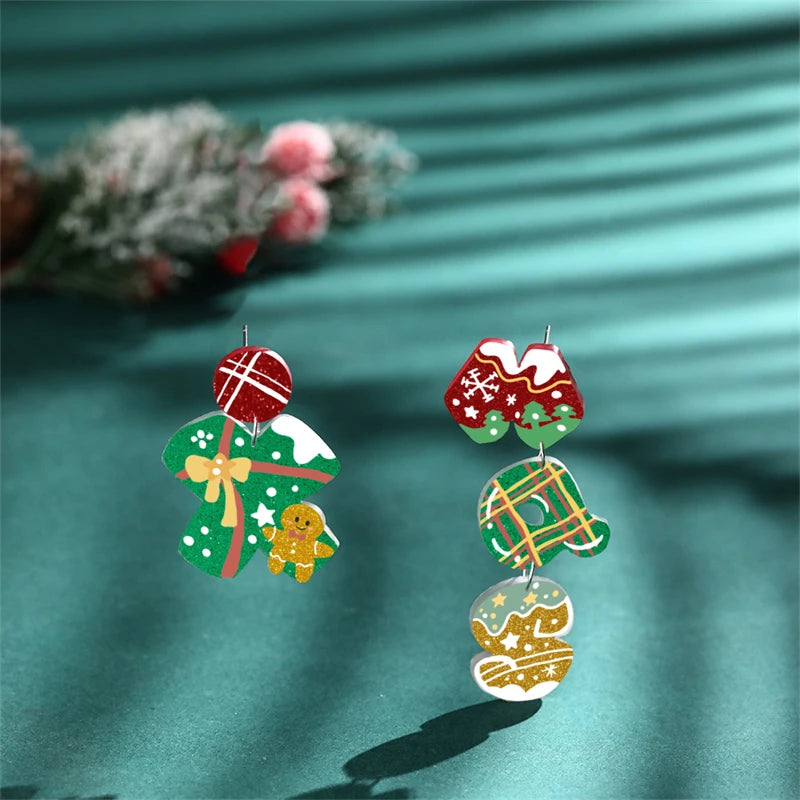 Christmas Gingerbread Man Santa Claus Asymmetrical Dangle Earring for Women Cute Xmas Hat Dog Kitten Acrylic Earrings Jewelry