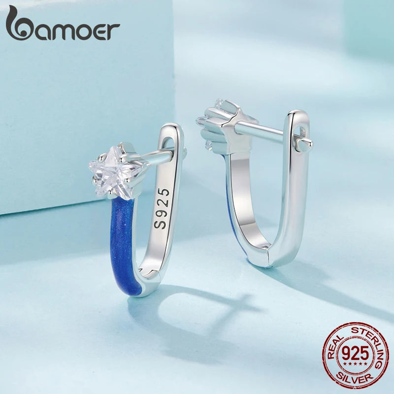 BAMOER U Shape Star Ear Buckles Blue Enamel Hypoallergenic Stud Earrings for Women Teen Girls Bright Pave CZ Jewelry Gift