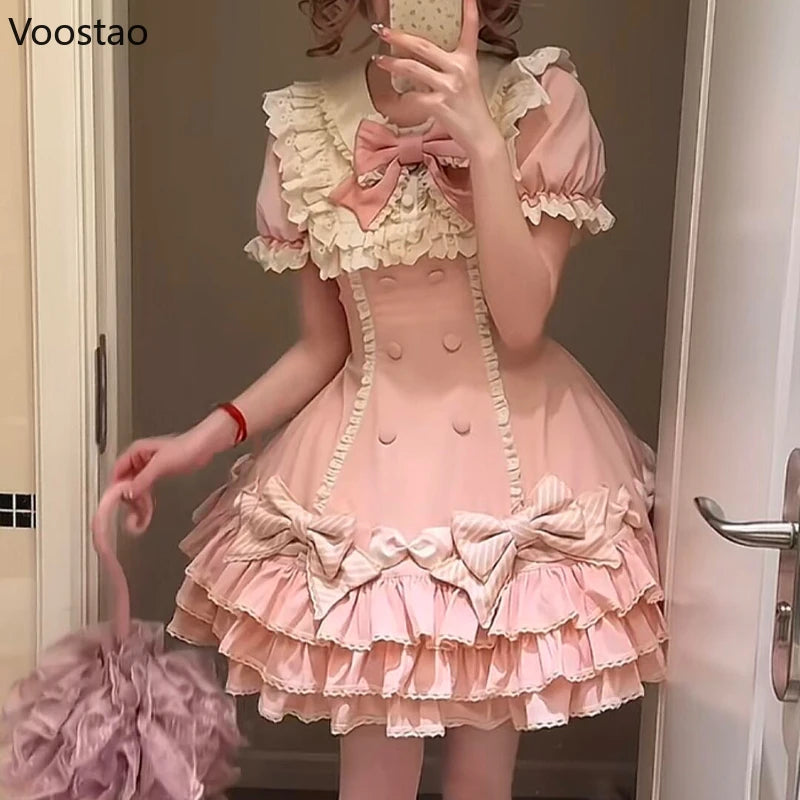 Japanese Sweet Lolita OP Dress Women Vintage Kawaii Lace Puff Sleeve Bow Princess Party Dresses Girl Y2k Cute Evening Cake Dress
