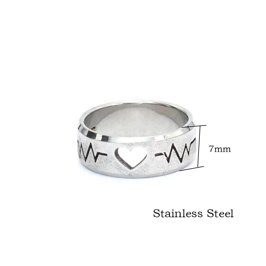 New Stainless Steel Couple Ring Unfading Not Allergic Heart Electrocardiogram Frosting Paired Anillo Valentine Day Gift 4 Sizes