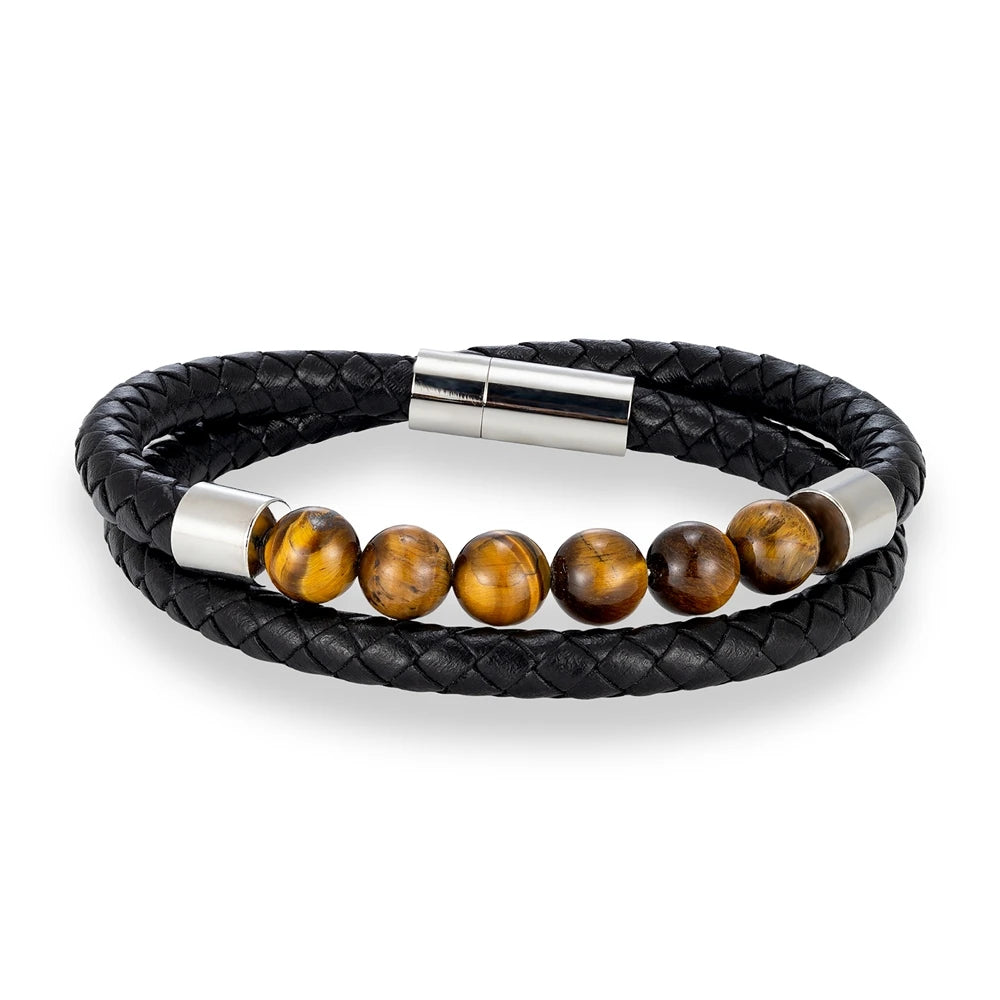 MKENDN Fashion Mens Double Strand Bead Leather Bracelet Natural Tiger Eye Bead Steel and Leather Bracelet for Men Dad Son Gift