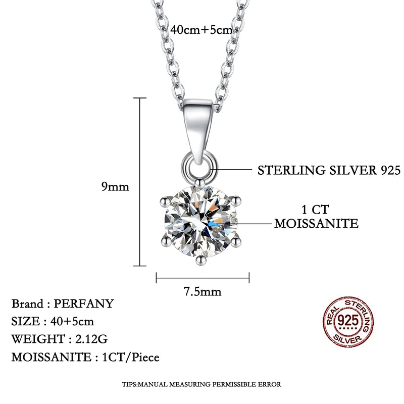 PERFANY 0.5-5CT Moissanite Necklace for Women S925 Pure Silver Classic Six Claw Round Diamond Pendant Minimalist Wedding Jewelry - Madeinsea©