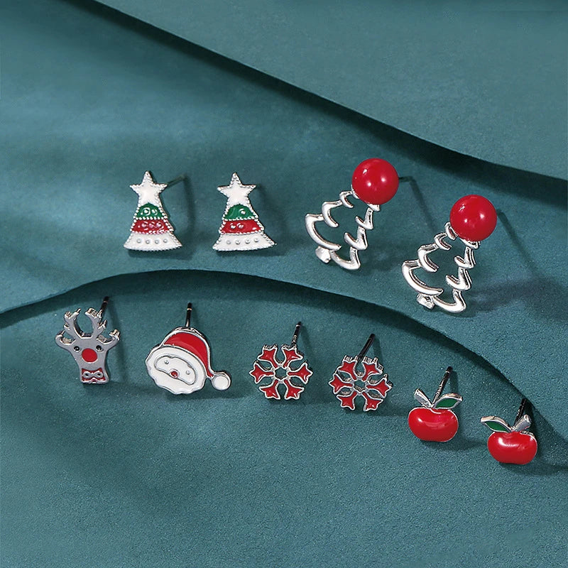 Exquisite Inlaid Zircon Christmas Small Stud Earrings For Women Red Elk Snowflake Xmas Tree Snowman Asymmetrical Earring Jewelry