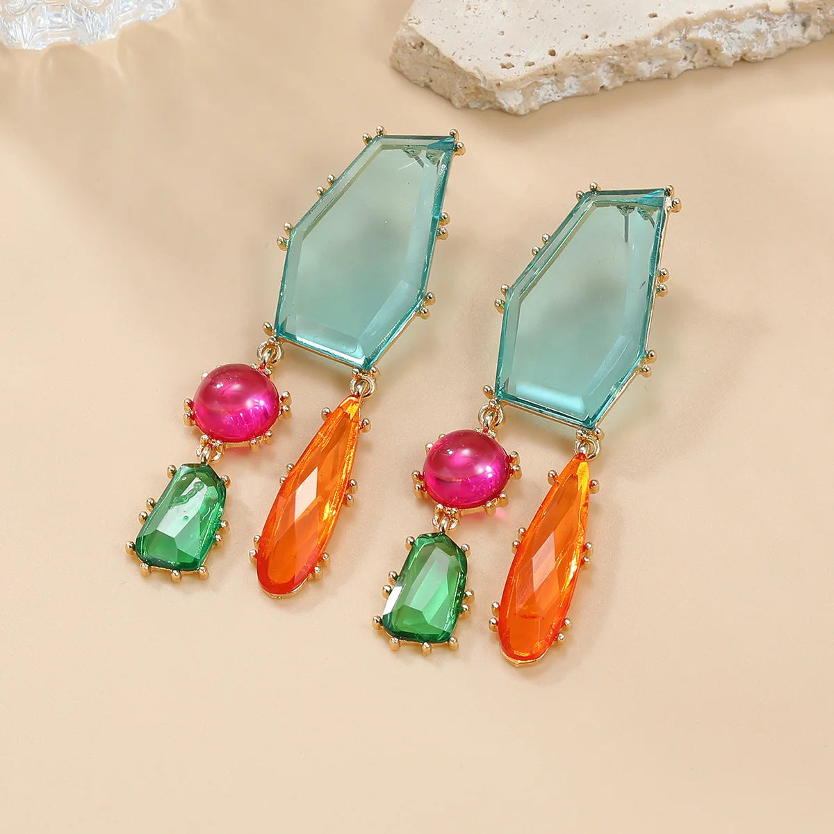Bohemian Geometric Colorful Resin Dangle Long Earrings Jewelry