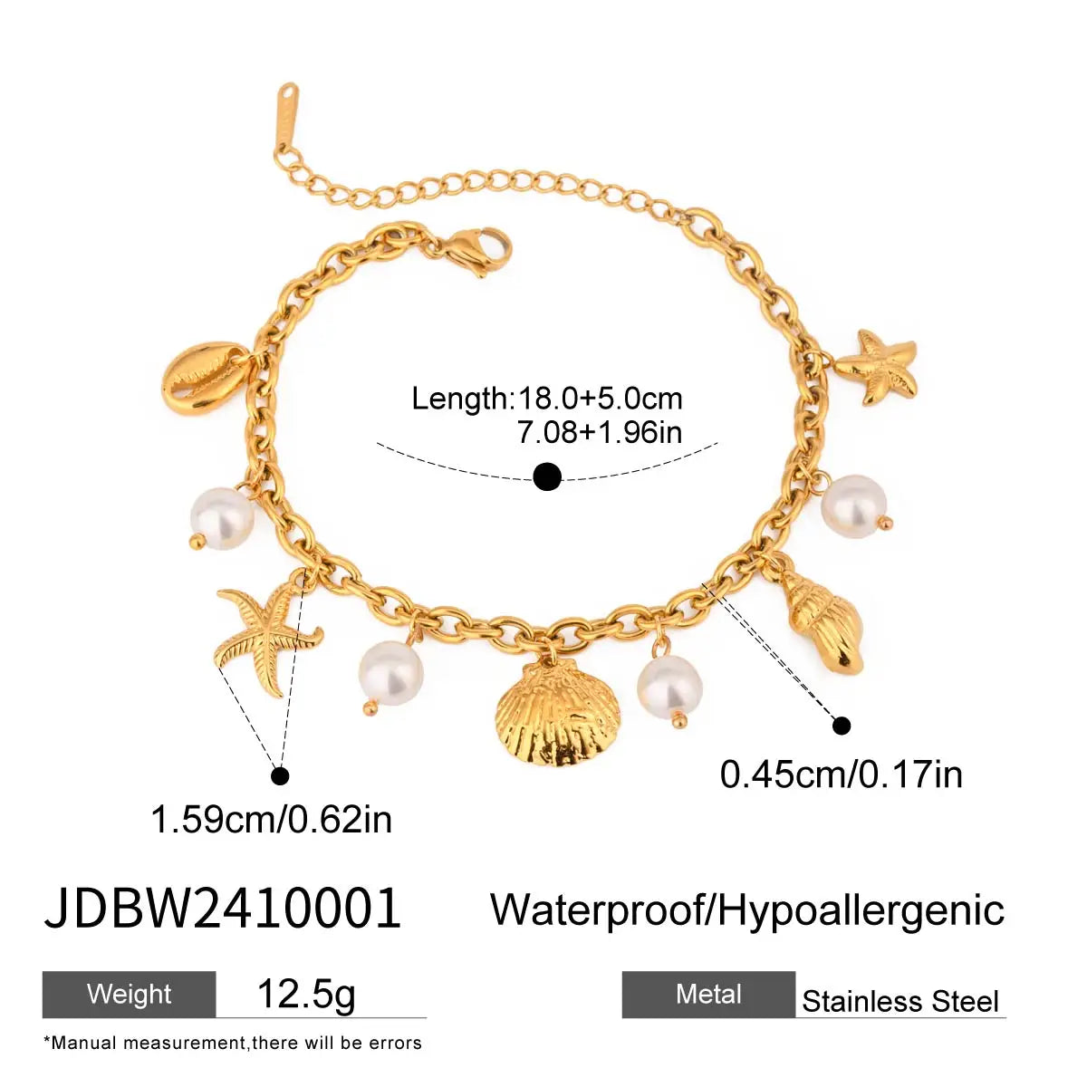 Zora 18K Gold PVD Plated Stainless Steel Pearl Shell Starfish Charm Bracelet Bangle Women Waterproof Beach Jewelrry Gift