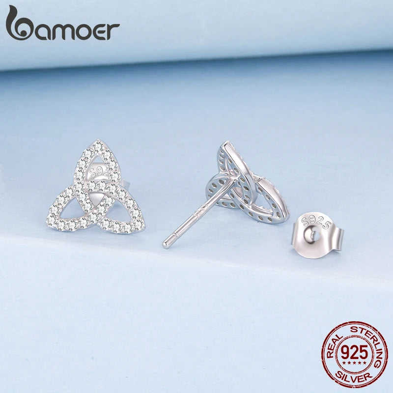 BAMOER 925 Sterling Silver Celtic Knot Stud Earrings, Full CZ Hollowed Piercing Earrings for Women Lover Xmas Promise Gift