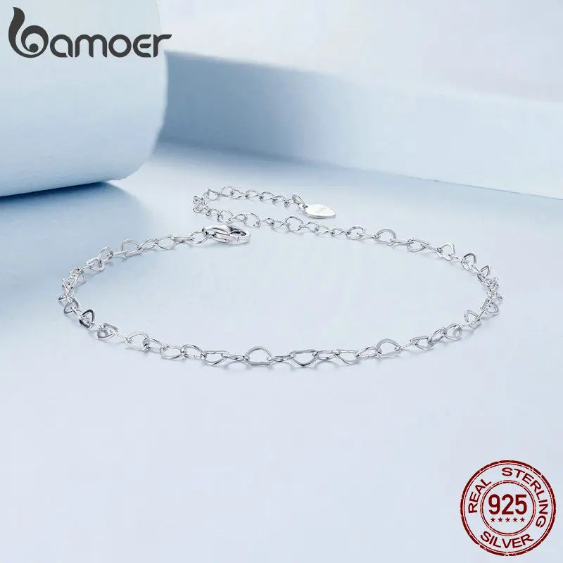 Bamoer 925 Sterling Silver Heart Chain Anklet Simple Chain Foot Jewelry for Women White Gold Plated Summer Jewelry BST007