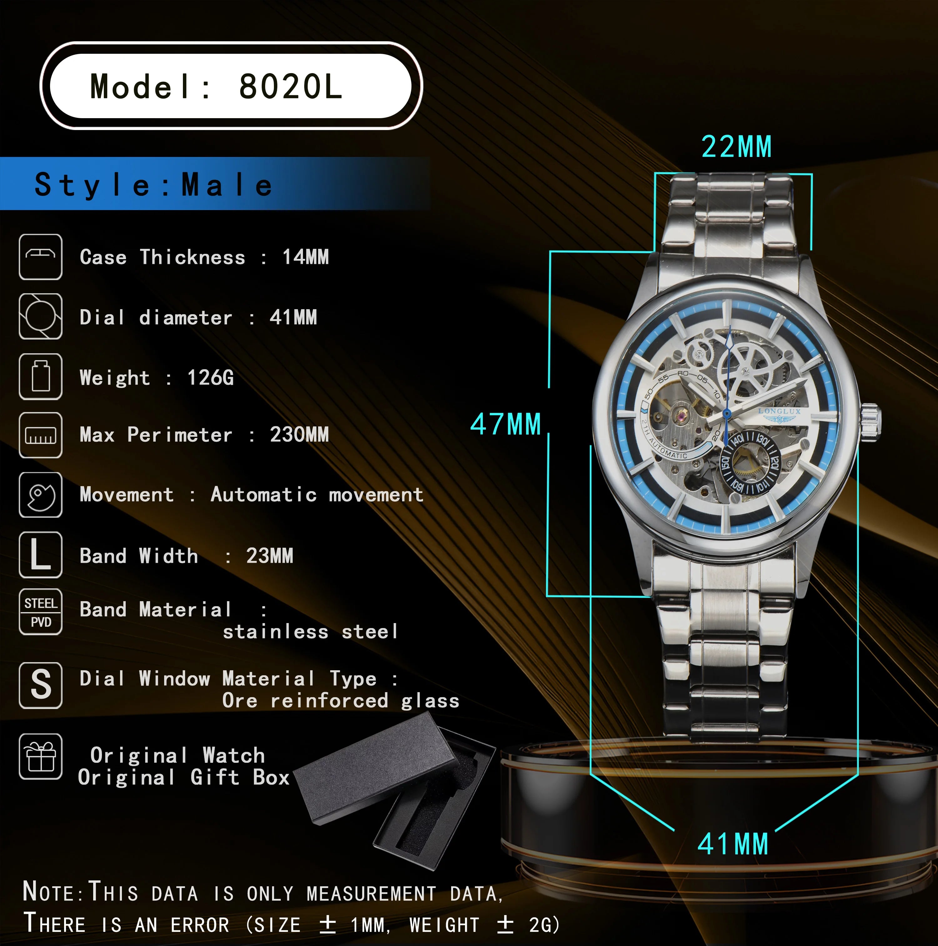 LONGLUX automatic man watch  luxury wholesale mechanical wristwatches stainless steel skeleton waterproof  mens watch men gift