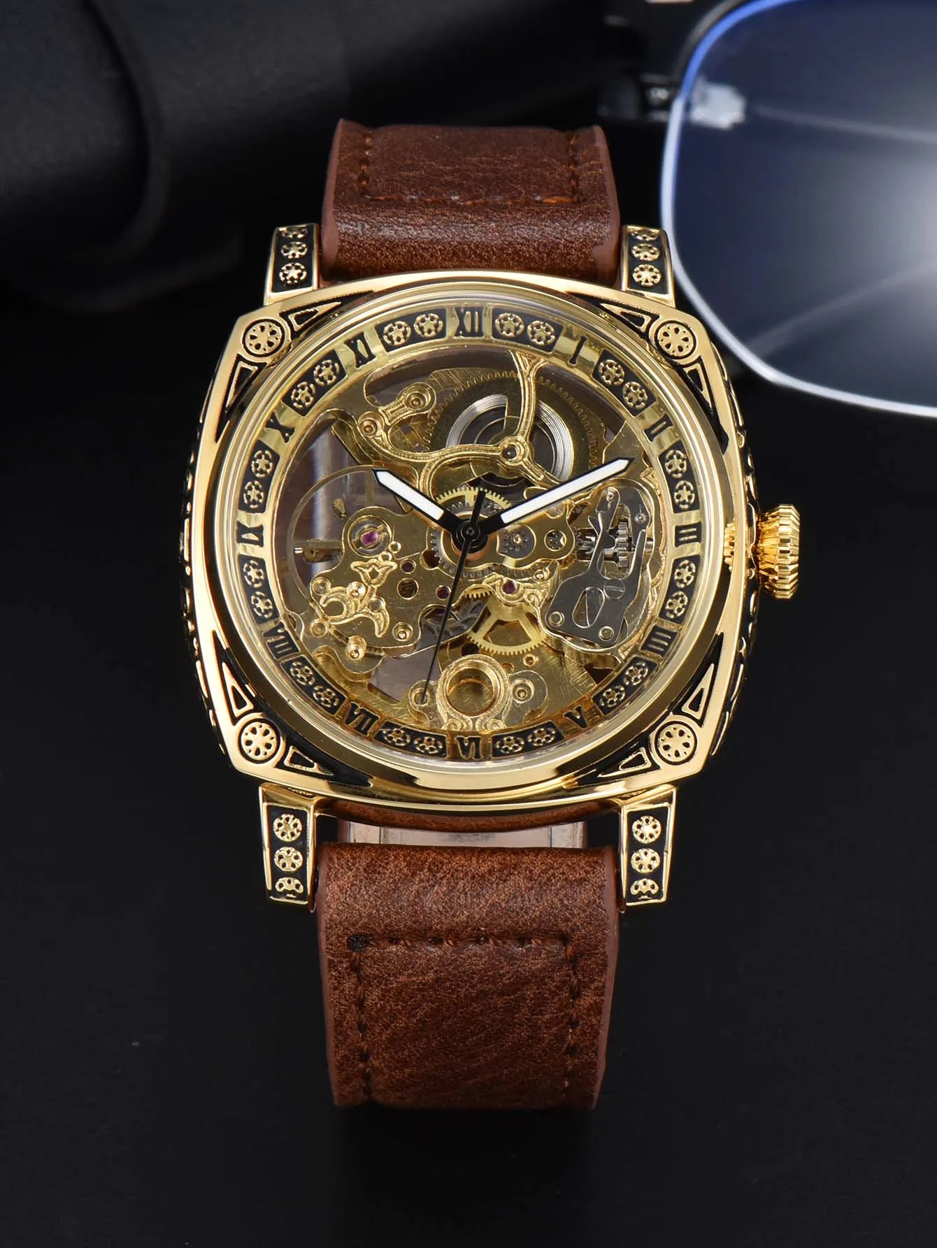 automatic watch retro style wholesale mechanical wristwatches skeleton carve waterproof leather no logo mens watch