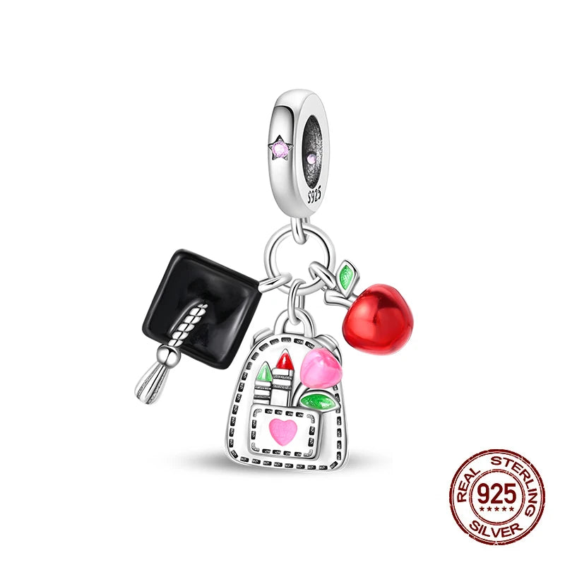 Original 925 Sterling Silver Charms Beads Graduation Season College Entrance Bachelor's Cap Pendant for Bracelet Charm Jewelry