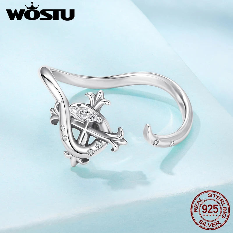 WOSTU 925 Sterling Silver Iris Snake Open Ring Oxidized CZ Flowers Cross Original Wisdom for Women Anniversary Fine Jewelry Gift
