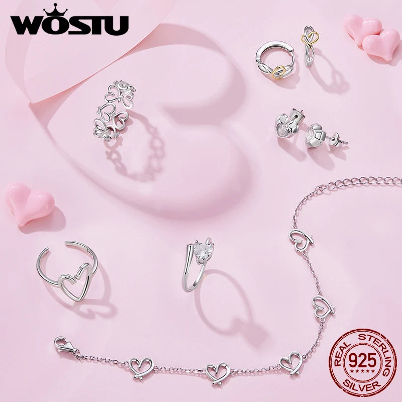 WOSTU Two Tone Gold 925 Sterling Silver Gold Heart Huggies Earrings For Women Lovely Ear Hoops Fine Jewelry Gift