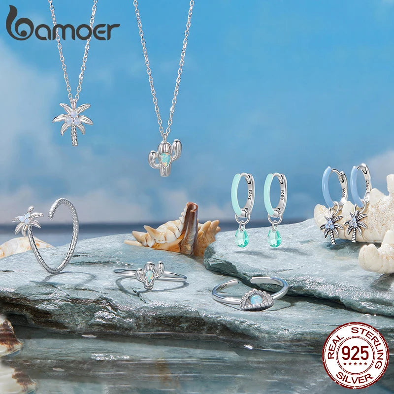 BAMOER 925 Sterling Silver Coconut Palm Tree Dangle Earring Summer Holiday Gift Beach Theme Jewelry Earrings for Women SCE1876