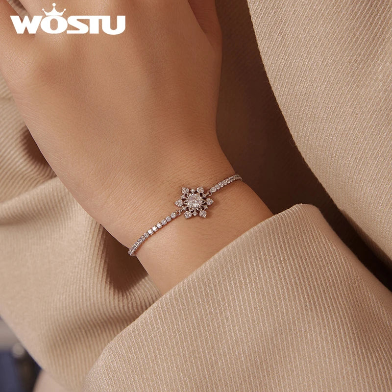 WOSTU Christmas Snowflake Bracelet For Women, 925 Silver Sparkling Zirconia Adjustable Chain Links Dainty Winter Jewelry Gift