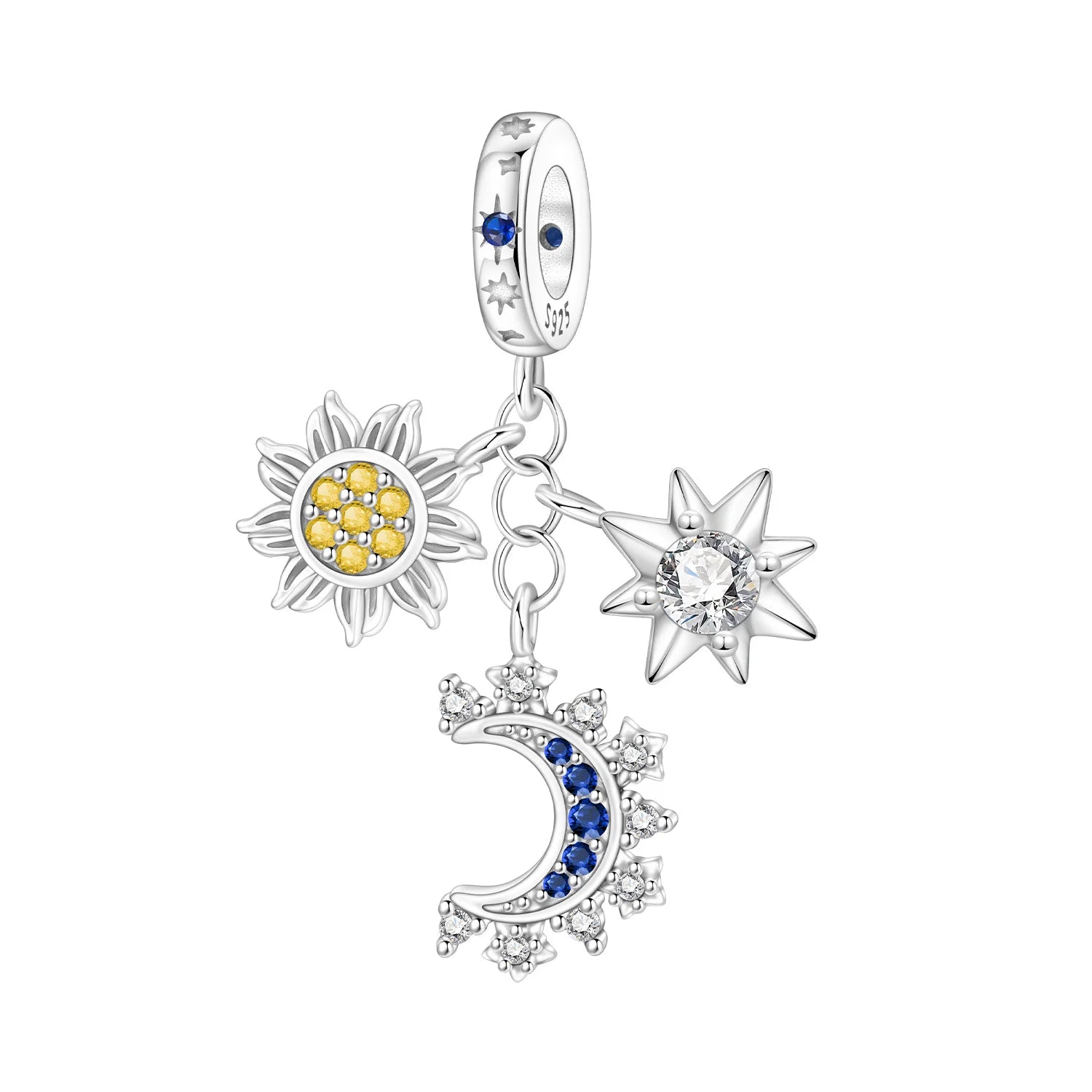 PANPOKI 925 Sterling Silver Star Moon Sun Tassel Beads Original Pendants Bracelet Charm Jewelry Party DIY Trendy Gifts