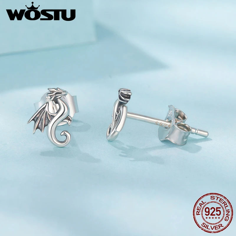 WOSTU 925 Sterling Silver Mini Dragon Piercing Dinosaur Earrings Stud 18k Gold Cute Novelty for Women Birthday Fine Jewelry Gift