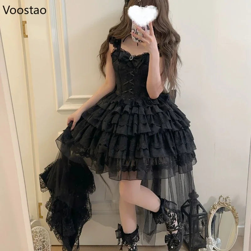 Japanese Kawaii Lolita Jsk Dress Elegant Women Sweet Bow Lace Ruffles Wedding Princess Mini Dresses Girls Gothic Y2k Party Dress