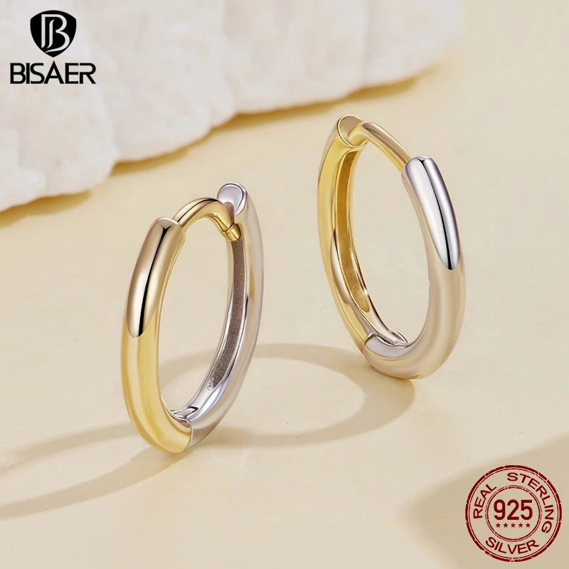BISAER 925 Sterling Silver Two-tones Hoop Earrings Minimalist Round Huggie Earrings 14K Gold Plated For Women Party Fien Jewelry