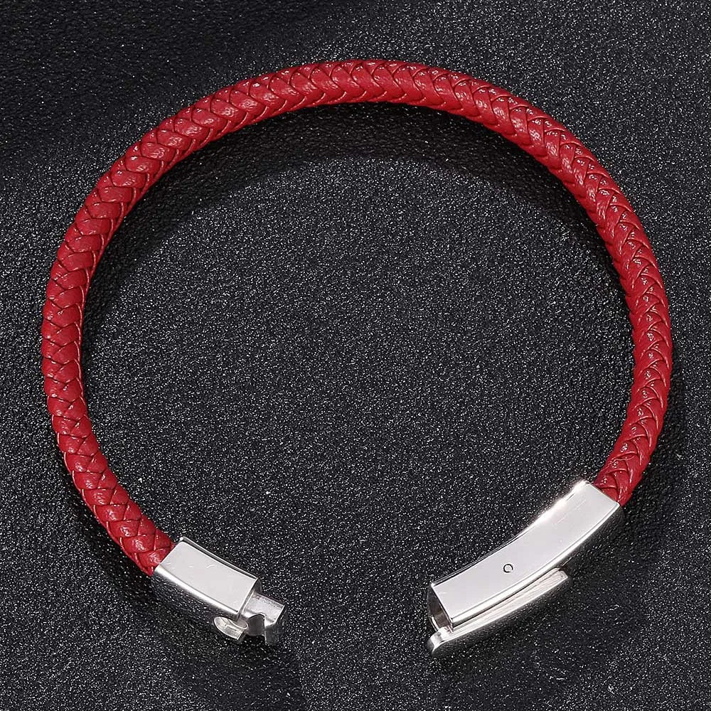 MKENDN Simple Style Red Braided Leather Bracelet for Men & Women Stainless Steel Button Jewelry Unisex Couple Gift Classic Gifts