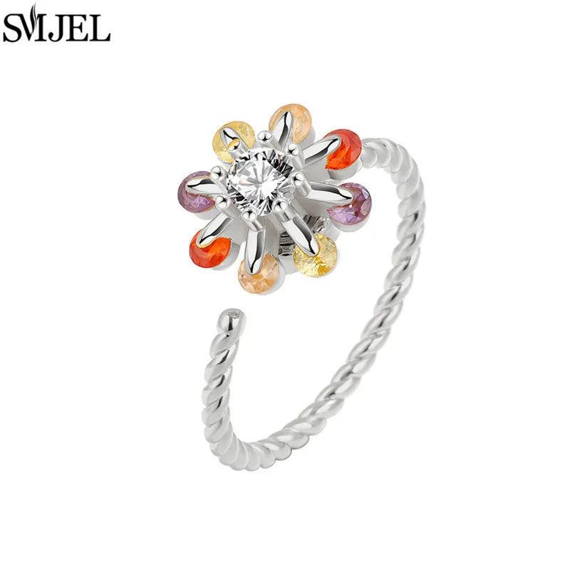 Korean Fashion Anxiety Fidget Spinner Rings for Women Crystal Rose Sunflower Butterfly Rotating Mood Ring Girls Wedding Jewelry