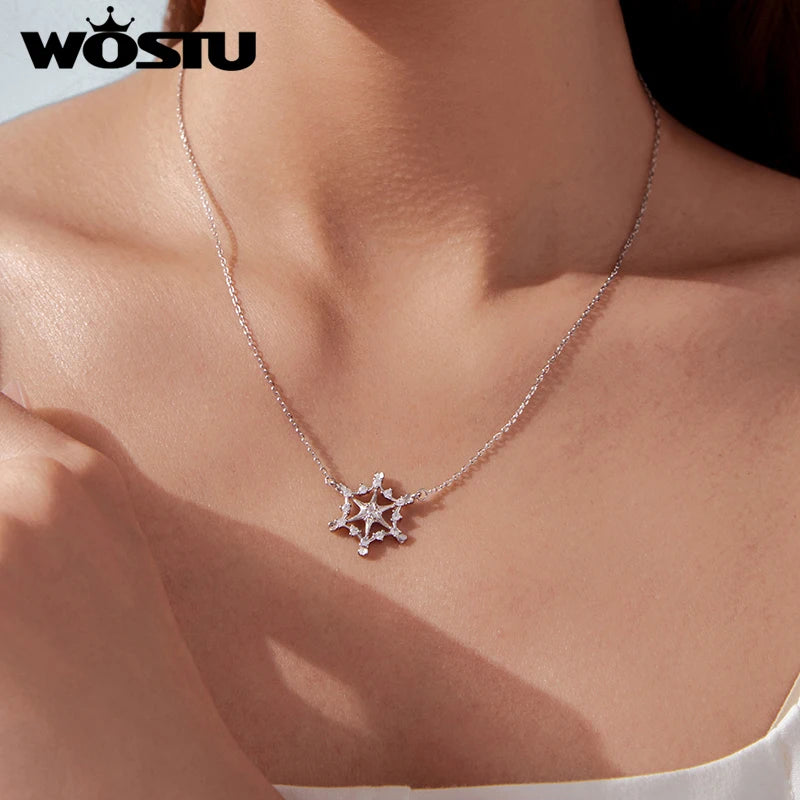 WOSTU Christmas Real 925 Sterling Silver Snowflake Pendant Necklace with Clear Cubic Zirconia New Year Holiday Jewelry Gift