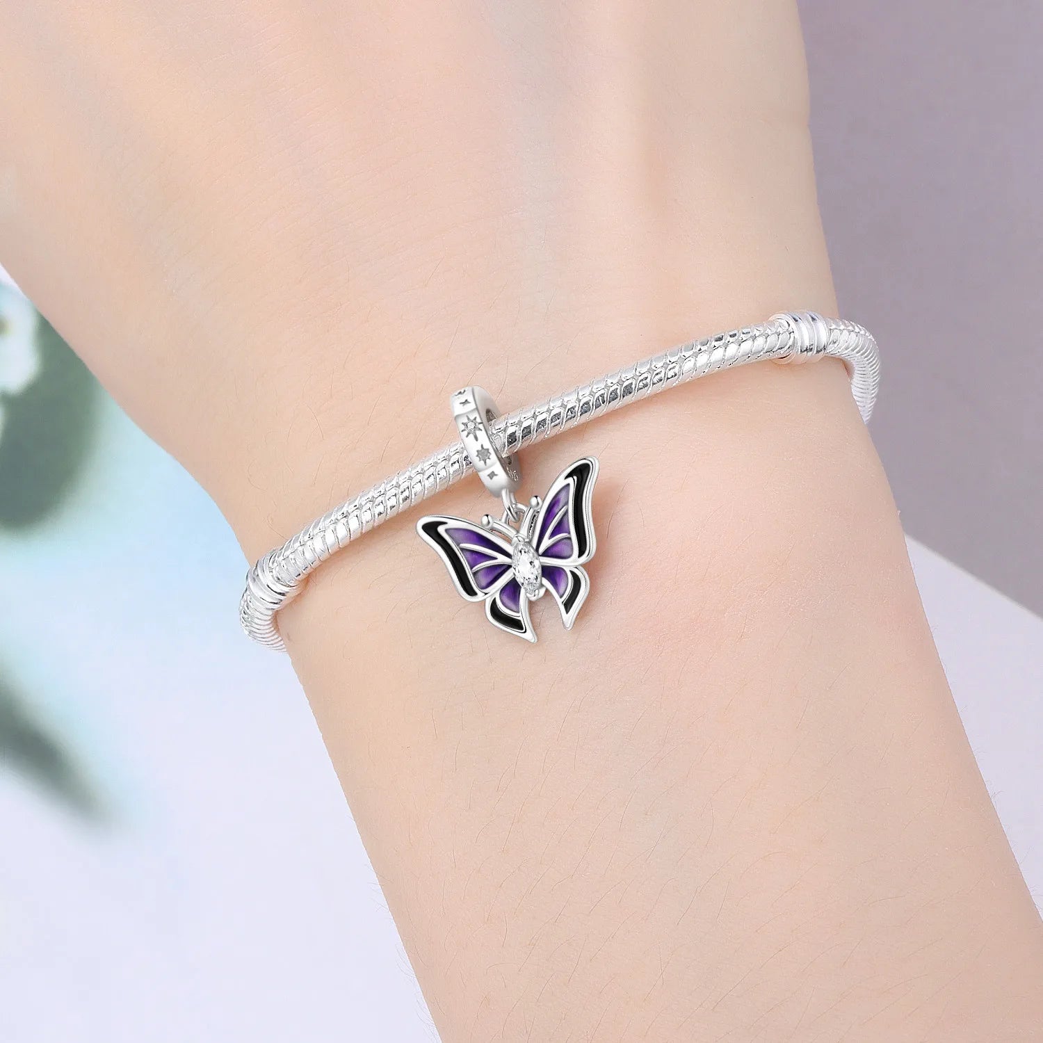 PANPOKI 925 Sterling Silver Purple Butterfly Insect Beads Original Pendants Bracelet Charm Jewelry Party DIY Trendy Gifts
