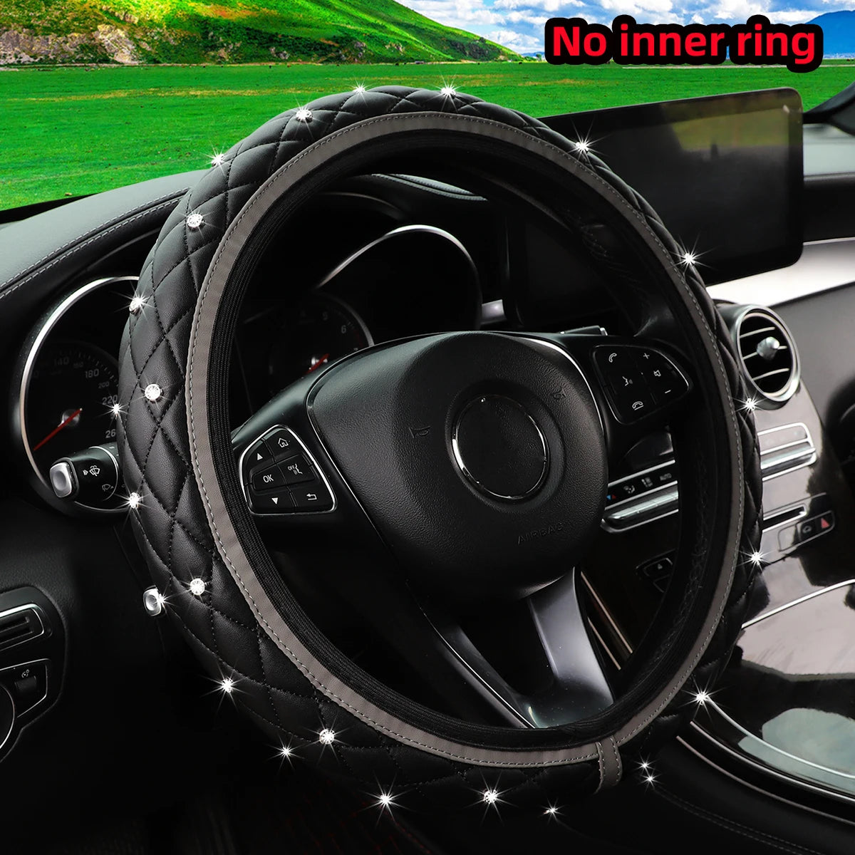 1 PU leather embroidered stereo diamond-encrusted Blingbling car steering wheel cover for 14.5-15 inch automotive supplies - Madeinsea©