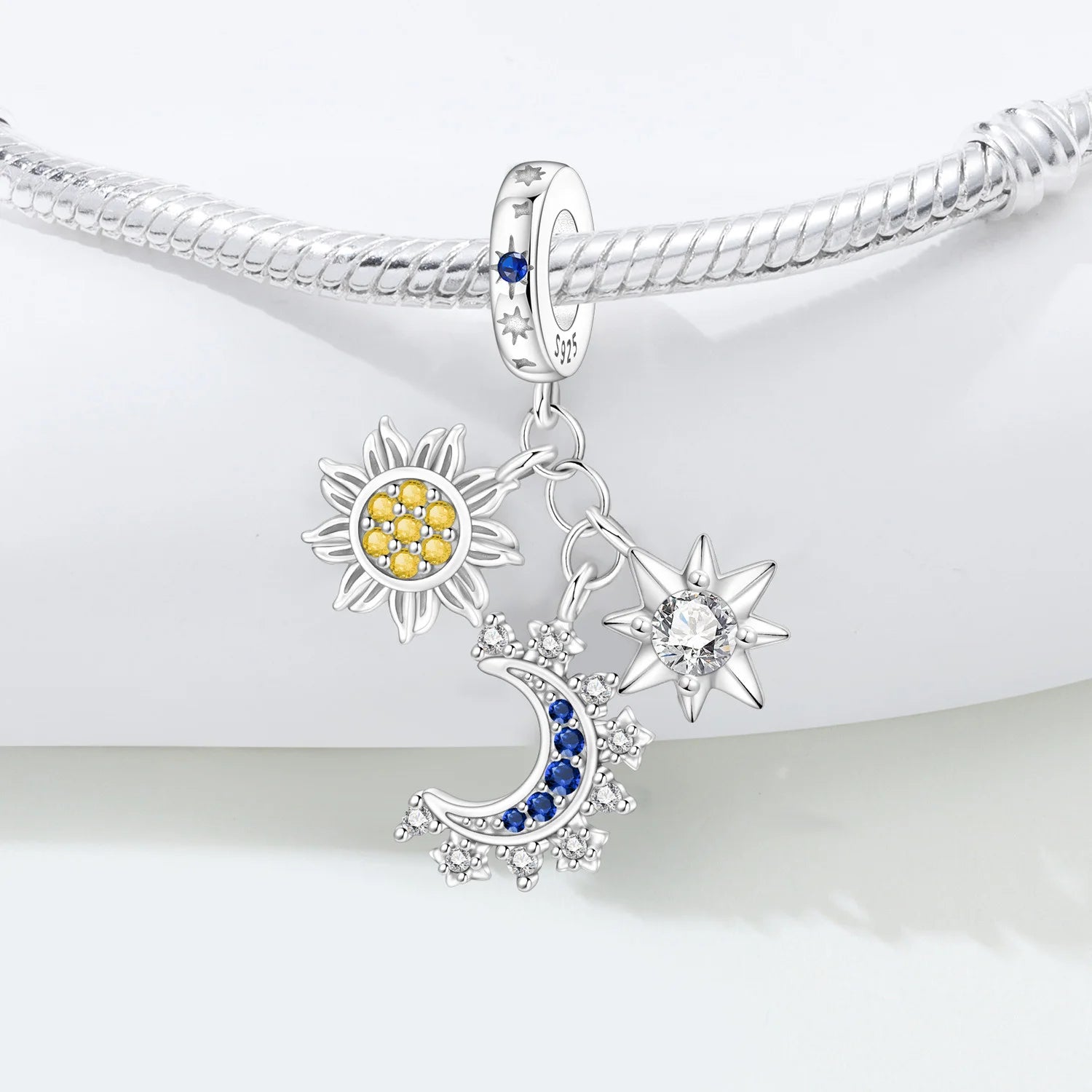 PANPOKI 925 Sterling Silver Star Moon Sun Tassel Beads Original Pendants Bracelet Charm Jewelry Party DIY Trendy Gifts