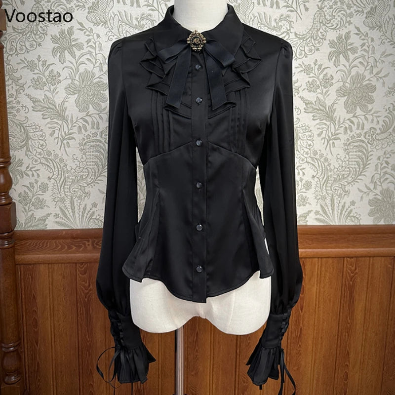 Victorian Gothic Lolita Shirts Women Japanese Vintage Y2k Ruffles Gigot Sleeve Slim Blouses Female Elegant Sweet Princess Shirts - Madeinsea©