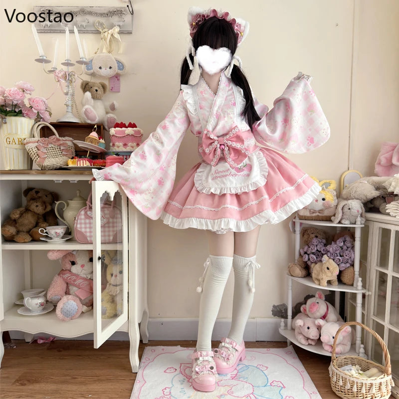 Japanese Sweet Lolita Kimono Dress Women Kawaii Strawberry Cat Print Bow Apron Maid Cosplay Costumes Girls Animation Show Dress