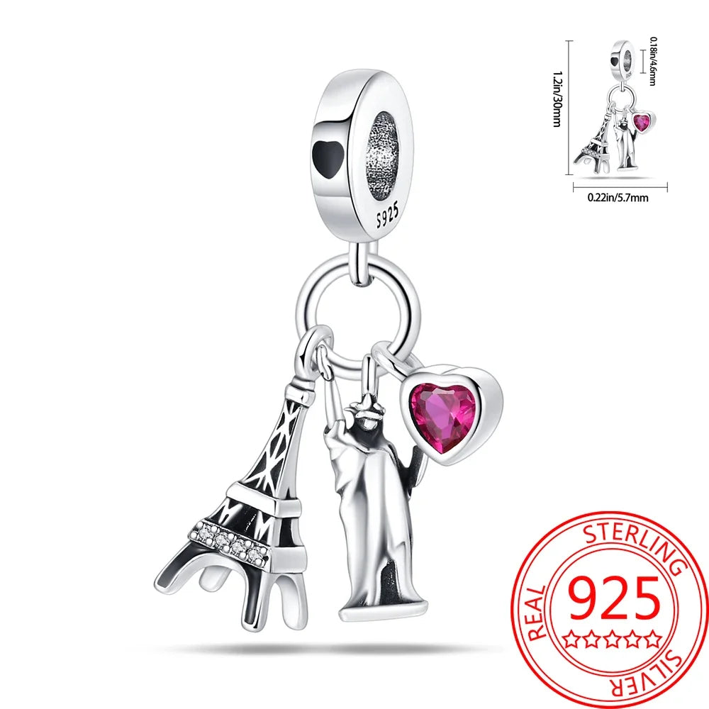 Creative 925 Sterling Silver Eiffel Tower Gold Heart Double Charm Fit DlY Bracelet Necklaces Women's Dating Jewelry Accessories